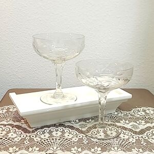 Vintage Etched Glass Set of Two Wine Glasses